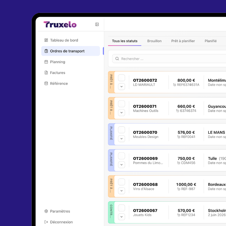 Truxelo interface — transport orders, planning and invoicing